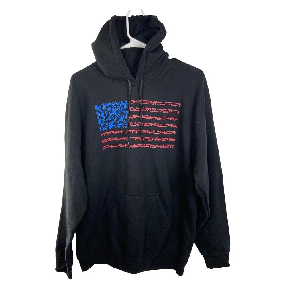Mens Est. XL‎ Black Hoodie American Flag Grenade Gun Graphic Pullover Sweatshirt